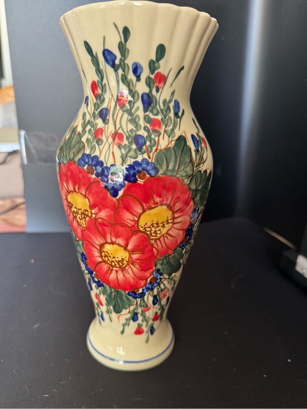 Vintage Polish Pottery Andy Tall Vase Red Floral Flowers